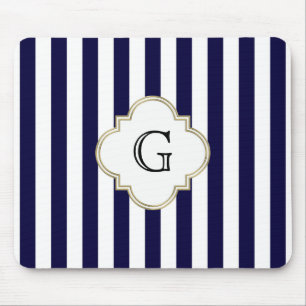 Tapis De Souris Bleu Nuit Blanc Étiquette Monogramme Rayure Moyenn