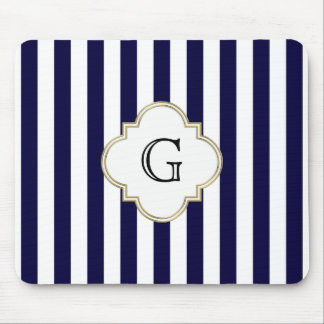Tapis De Souris Bleu Nuit Blanc Étiquette Monogramme Rayure Moyenn