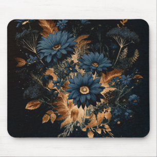 Tapis De Souris Bleu Nuit Foncé & Or Floral Rustique Glam Bohème