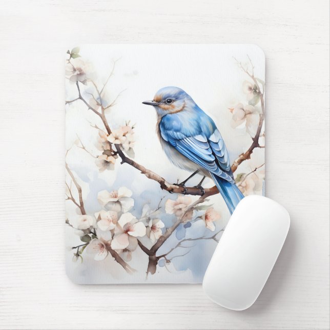 Tapis De Souris Bleu printanier dans l'arbre florissant (Avec souris)