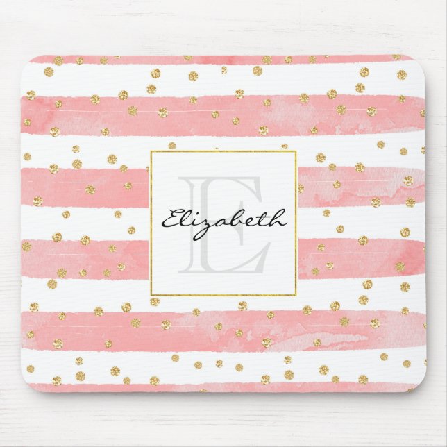 Tapis De Souris Bleu rose | Faux Gold Confetti Monogramme (Devant)