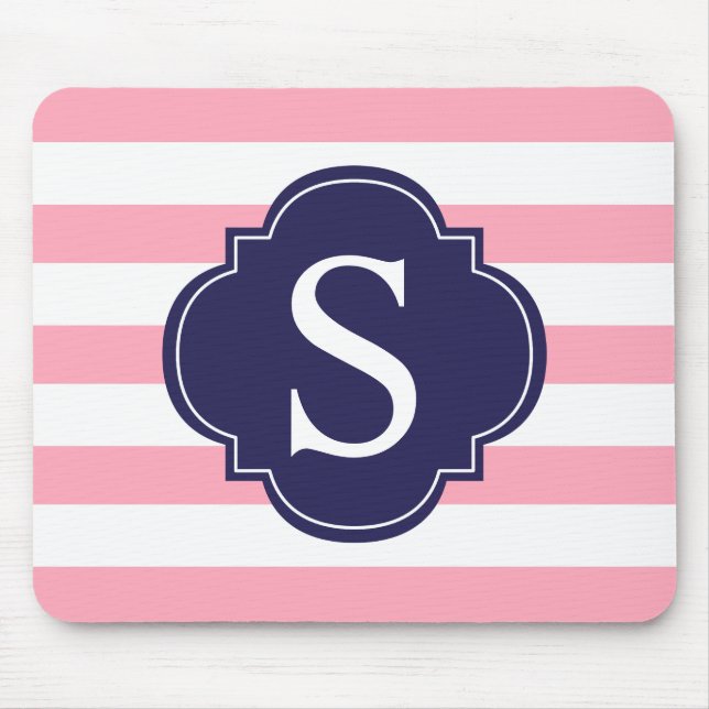 Tapis De Souris Bleu rose rayures Monogramme (Devant)
