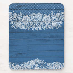 Tapis De Souris Bleu Rustique Bois & Blanc Dentelle Élégant Farmho