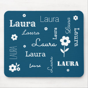 Tapis De Souris Bleu Turquoise avec fleurs blanches, bande Customi