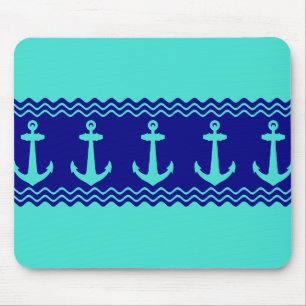 Tapis De Souris Bleu Turquoise Bleu Ancre Nautique Bandes Côtières