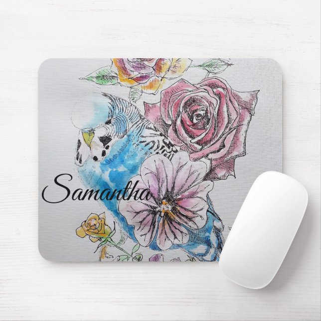 Tapis De Souris Blue Budgie Budgies Rose Fleur fleurie (Avec souris)