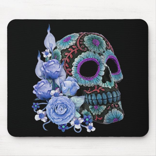 Tapis De Souris Blue Floral Black Sugar Skull Jour des morts (Devant)