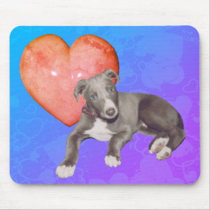 Tapis De Souris Blue Greyhound Puppy Pink Heart