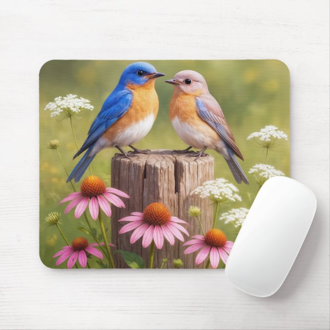 Tapis De Souris Bluebirds On a Fence Post (Avec souris)