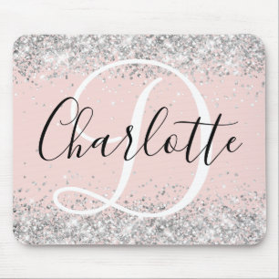 Tapis De Souris Blush Pailleté Argent Monogramme Noir et Blanc