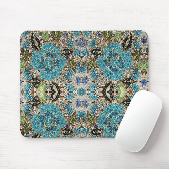 Tapis De Souris bohème girly chic argent turquoise fleur bleu (Avec souris)