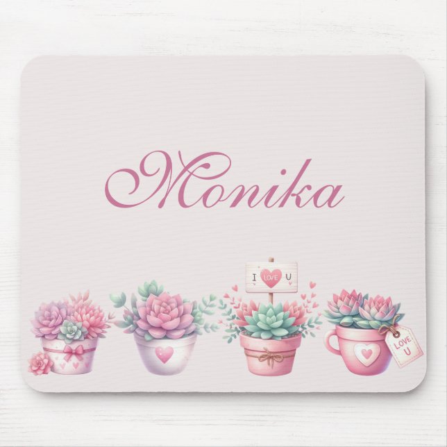 Tapis De Souris Boho Aquarelle rose Pot Succulents Personnalisé (Devant)