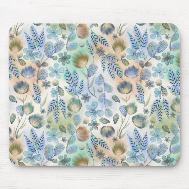 Tapis De Souris Boho Bleu Vert Whimsical Floral Botanique (Devant)