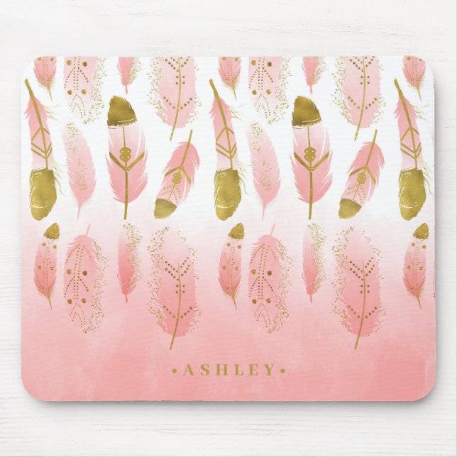 Tapis De Souris Boho Blush Pink & Gold Feathers Ombre Personnalisé (Devant)