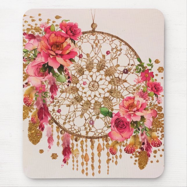 Tapis De Souris Boho Dreamcatcher Pink Gold Floral Aquarelle (Devant)