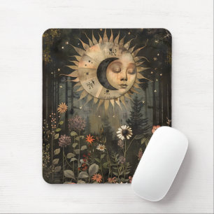 Tapis De Souris Boho Jardin de Fleur de Champ Céleste Soleil Lune