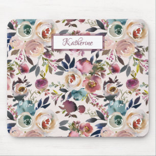 Tapis De Souris Boho Nommé Roses Peints Rose Bleu