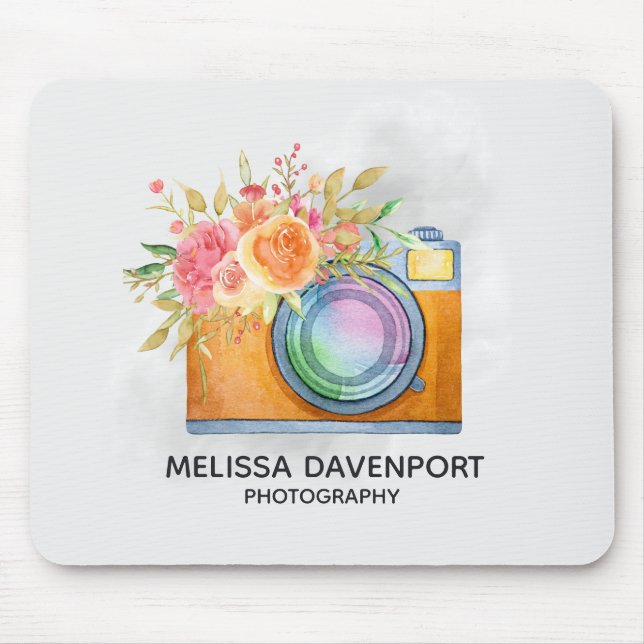 Tapis De Souris Boho Orange Caméra & Bouquet Floral Aquarelle (Devant)