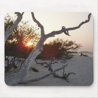 Tapis De Souris Bois de flottage sur la plage avec le coucher du