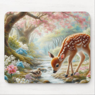 Tapis De Souris Bois de printemps avec canard et faon/cerf