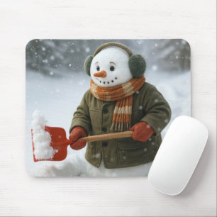 Tapis De Souris Bonhomme de neige déblayant la neige