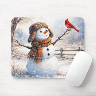 Tapis De Souris Bonhomme de neige heureux avec un cardinal rouge