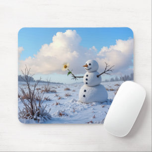 Tapis De Souris Bonhomme de neige tenant une marguerite blanche