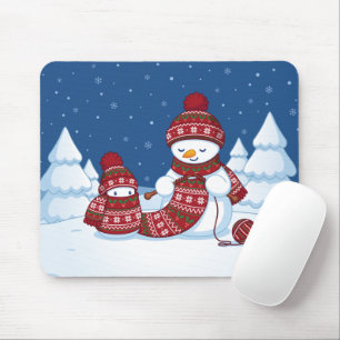 Tapis De Souris Bonhomme de neige tricotant une écharpe de Noël