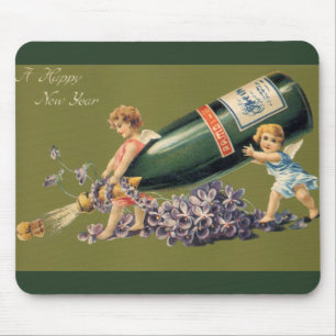 Tapis De Souris Bonne année, anges vintage avec du champagne