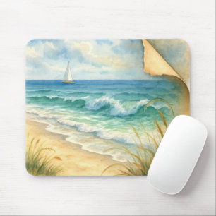Tapis De Souris Bord de mer et voilier à l'aquarelle