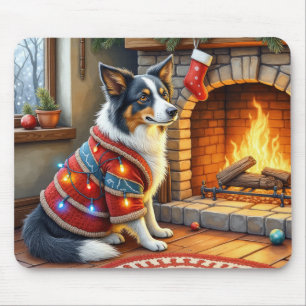 Tapis De Souris Border Collie Cheminée avec Lumières de Noël