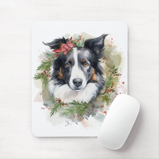 Tapis De Souris Bordure Collie Fête de Noël Wreath Pup (Avec souris)
