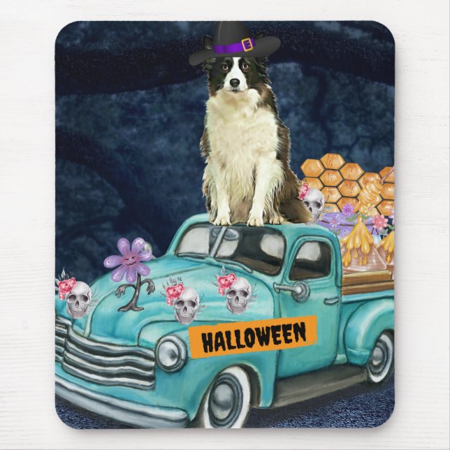 Tapis De Souris Bordure Collie Halloween Camion Effrayant Nuit (Devant)