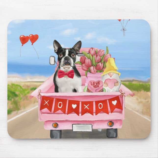 Tapis De Souris Boston Terrier Chien Valentine's Day Truck Hearts (Devant)