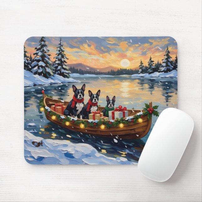 Tapis De Souris Boston Terrier Christmas Boat Holiday (Avec souris)