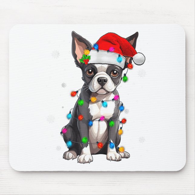 Tapis De Souris Boston Terrier Christmas Santa Hat Tree Lights Paj (Devant)