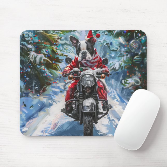 Tapis De Souris Boston Terrier Dog équitation moto Noël (Avec souris)