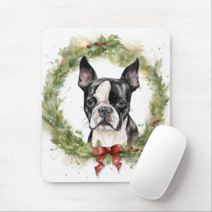 Tapis De Souris Boston Terrier Noël Wreath Festive Pup