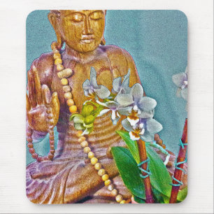 Tapis De Souris Bouddha aux orchidées blanches