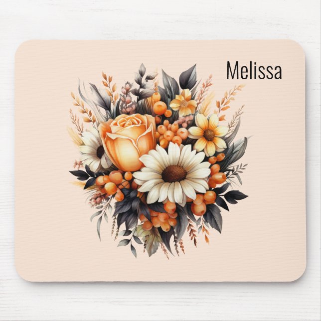 Tapis De Souris Bouquet de fleurs gris-jaune orange (Devant)