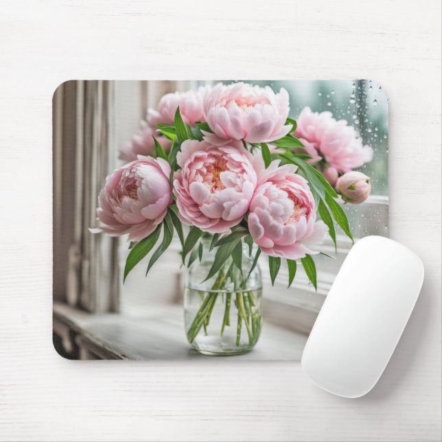 Tapis De Souris Bouquet Peony rose par une fenêtre pluvieuse (Avec souris)