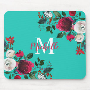 Tapis De Souris Bourgogne Aquarelle Peony Rose Floral Monogramme