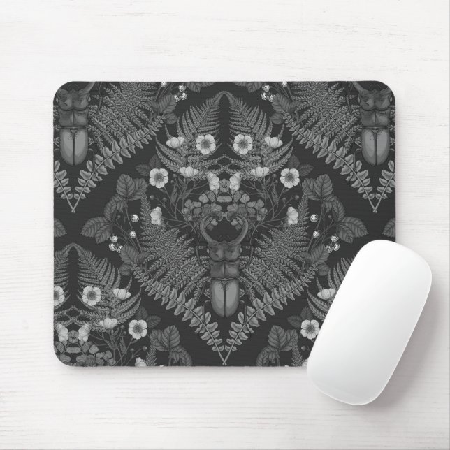 Tapis De Souris Bousier et fougères, en noir et blanc (Avec souris)