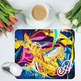 Tapis De Souris Bouteille Or Vibrant Monogramme Liquide Abstrait