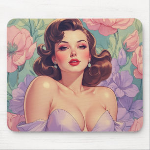 Tapis De Souris Brunette Pin-Up Fleurs Pastel