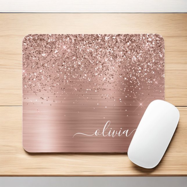 Tapis De Souris Brushed metal rose Gold Pink Glitter Monogram (Créateur téléchargé)