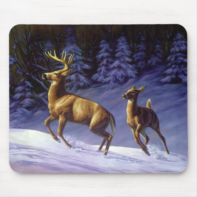 Tapis De Souris Buck & Doe de cerf blanc en neige hivernale (Devant)