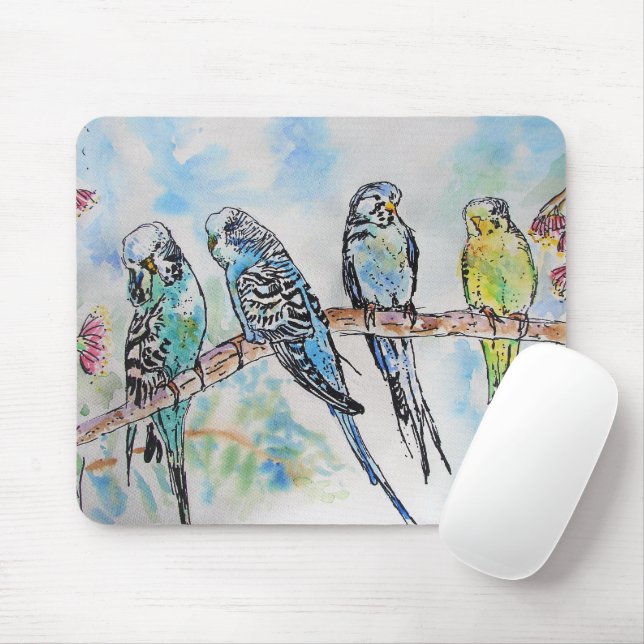 Tapis De Souris Budgie Aquarelle Peinture Oiseaux Oiseaux Whimsica (Avec souris)
