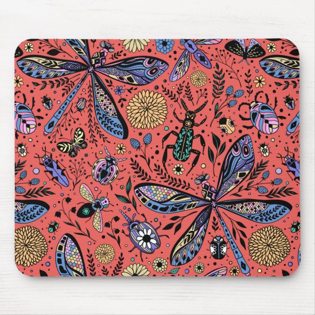 Tapis De Souris Bugs de Doodle sur corail rouge (Devant)
