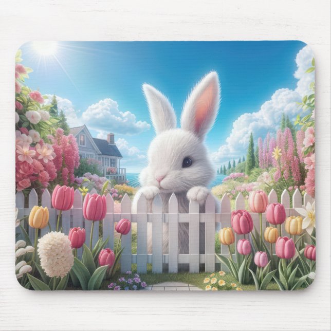 Tapis De Souris Bunny blanc dans un jardin de printemps (Devant)